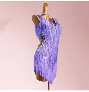 Customized size purple pink competition latin dance dresses for girls kids professional bling fringe salsa rumba national dance costumes